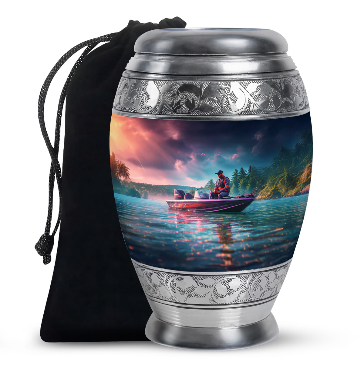 Fishing Boat Funeral Urn - Peaceful Lake Memorial Urn For Adult Ashes