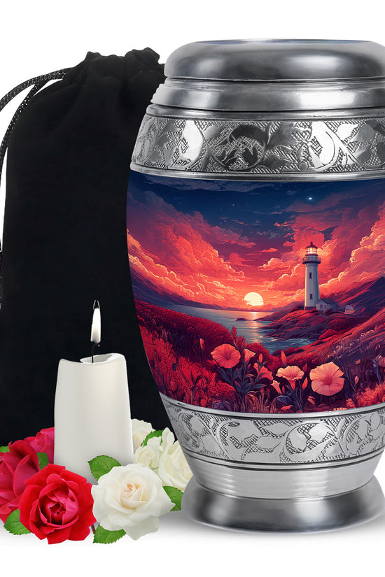 Red Sunset Ocean Lighthouse Urn - Beautiful Memorial Urn For Loved Ones