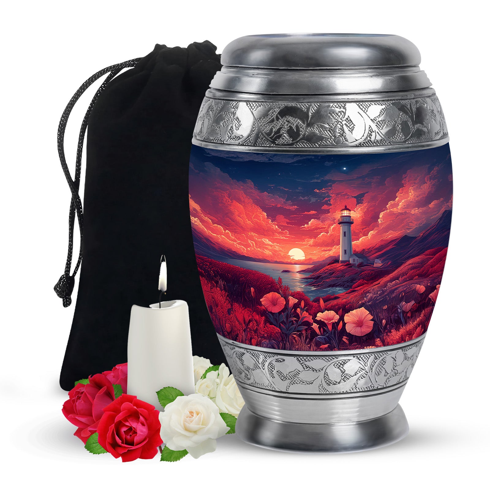 Red Sunset Ocean Lighthouse Urn - Beautiful Memorial Urn For Loved Ones