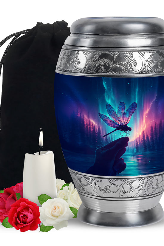 Northern Lights Dragonfly Memorial Urn - Artistic Cremation Urn For Human Ashes