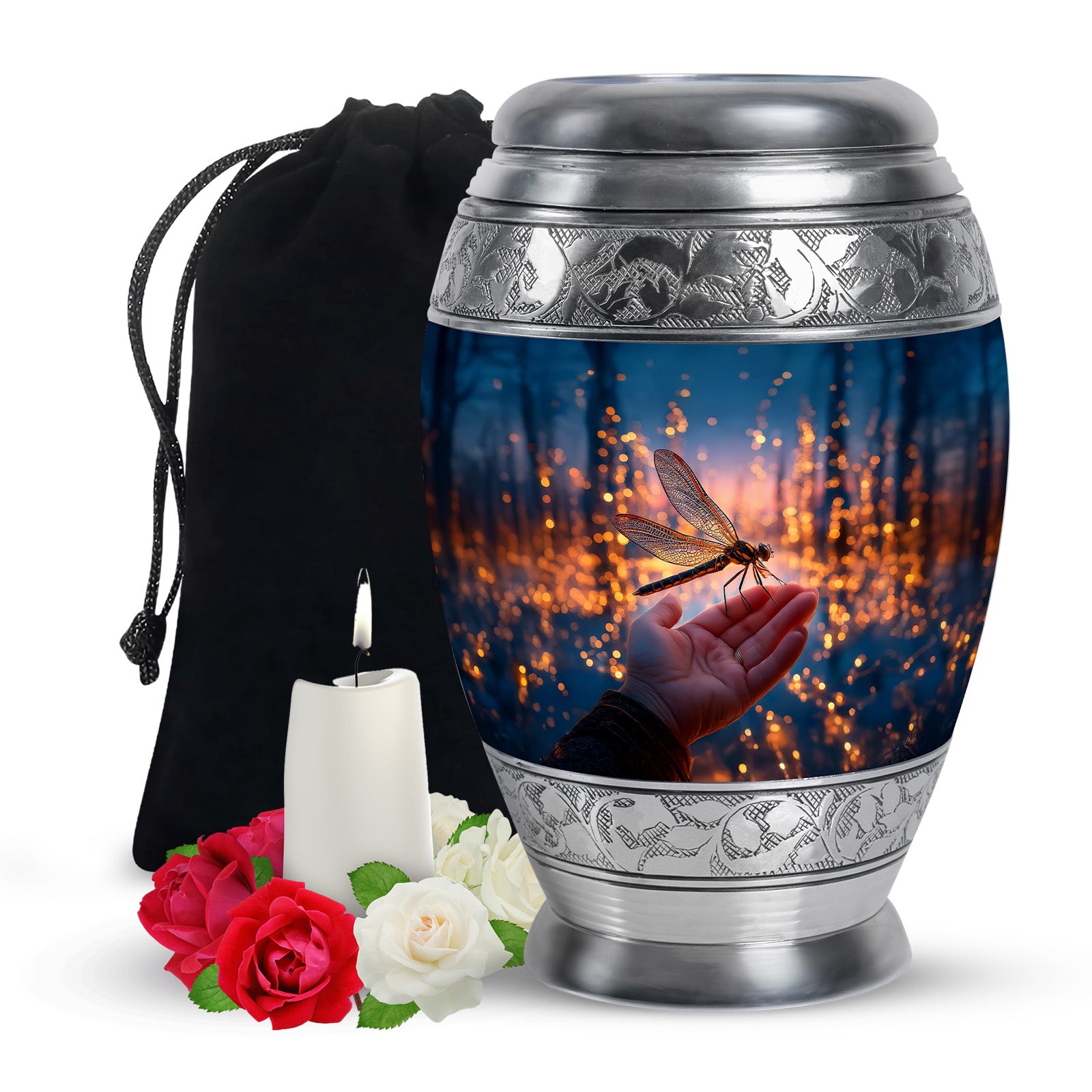 Golden Dragonfly Funeral Urn -Navy Blue Memorial Urn For Mother & Father