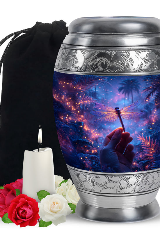 Neon Dragonfly Cremation Urn - Glowing Forest Memorial Urn For Adult Ashes