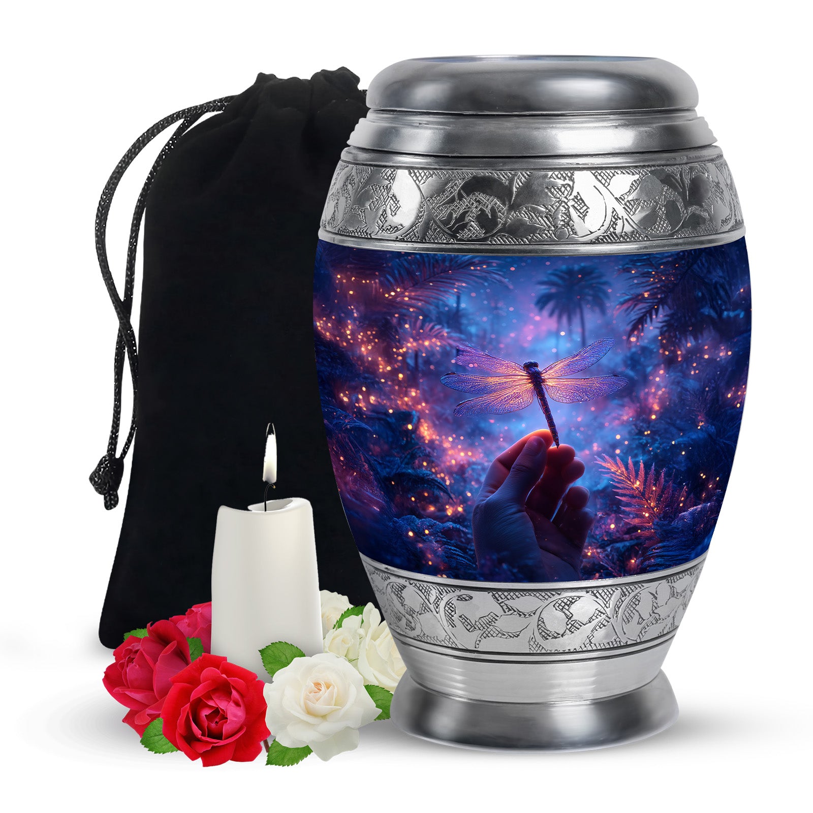 Neon Dragonfly Cremation Urn - Glowing Forest Memorial Urn For Adult Ashes