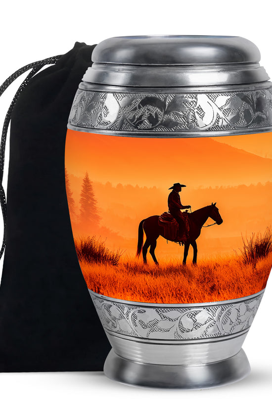 Sunset Cowboy Silhouette Urn - Orange Memorial Urn For Human Ashes