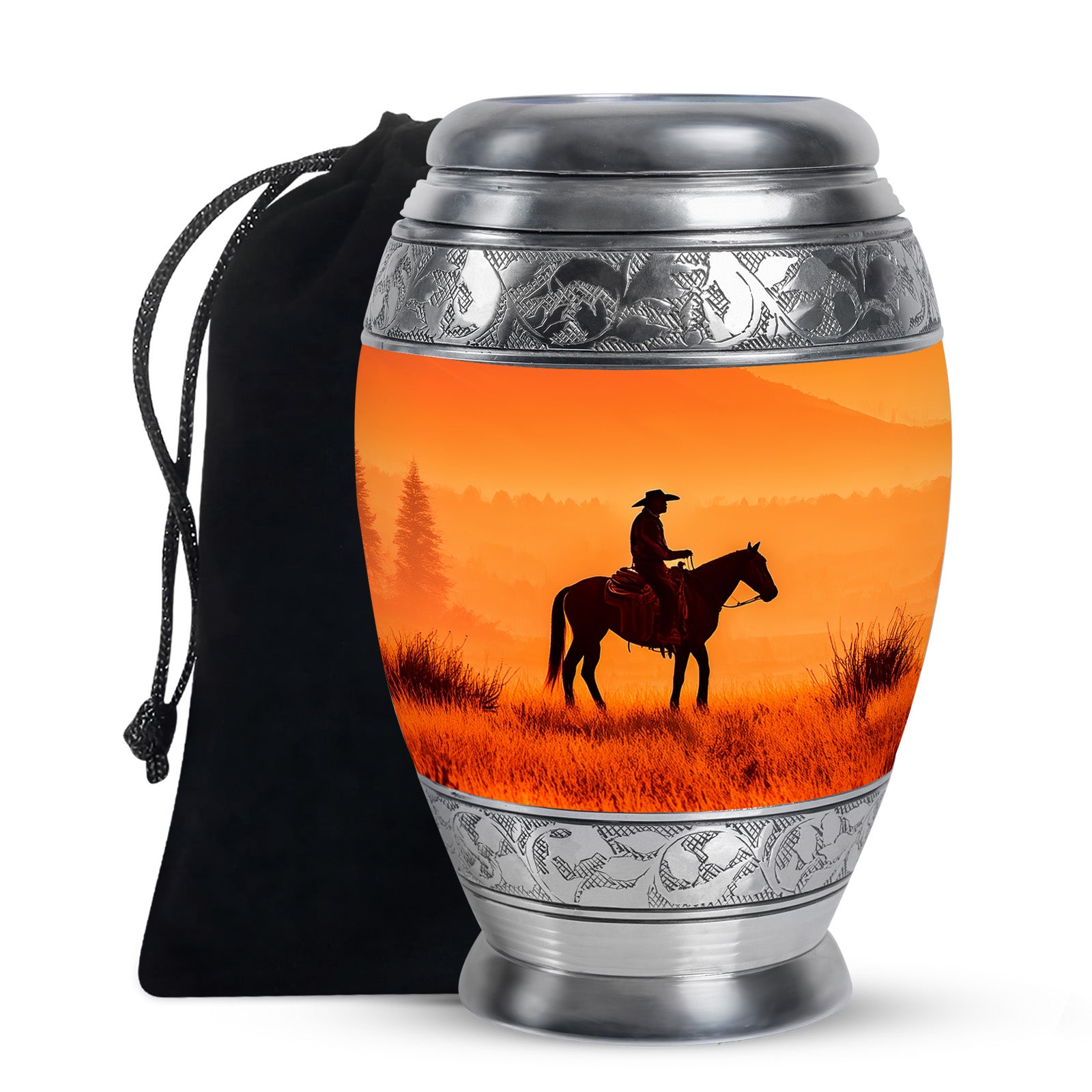 Sunset Cowboy Silhouette Urn - Orange Memorial Urn For Human Ashes