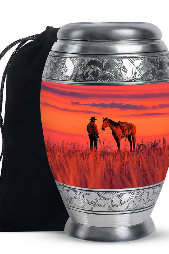 Cowboy Horse Field Memorial Urn - Sunset Cremation Urn For Dad Ashes