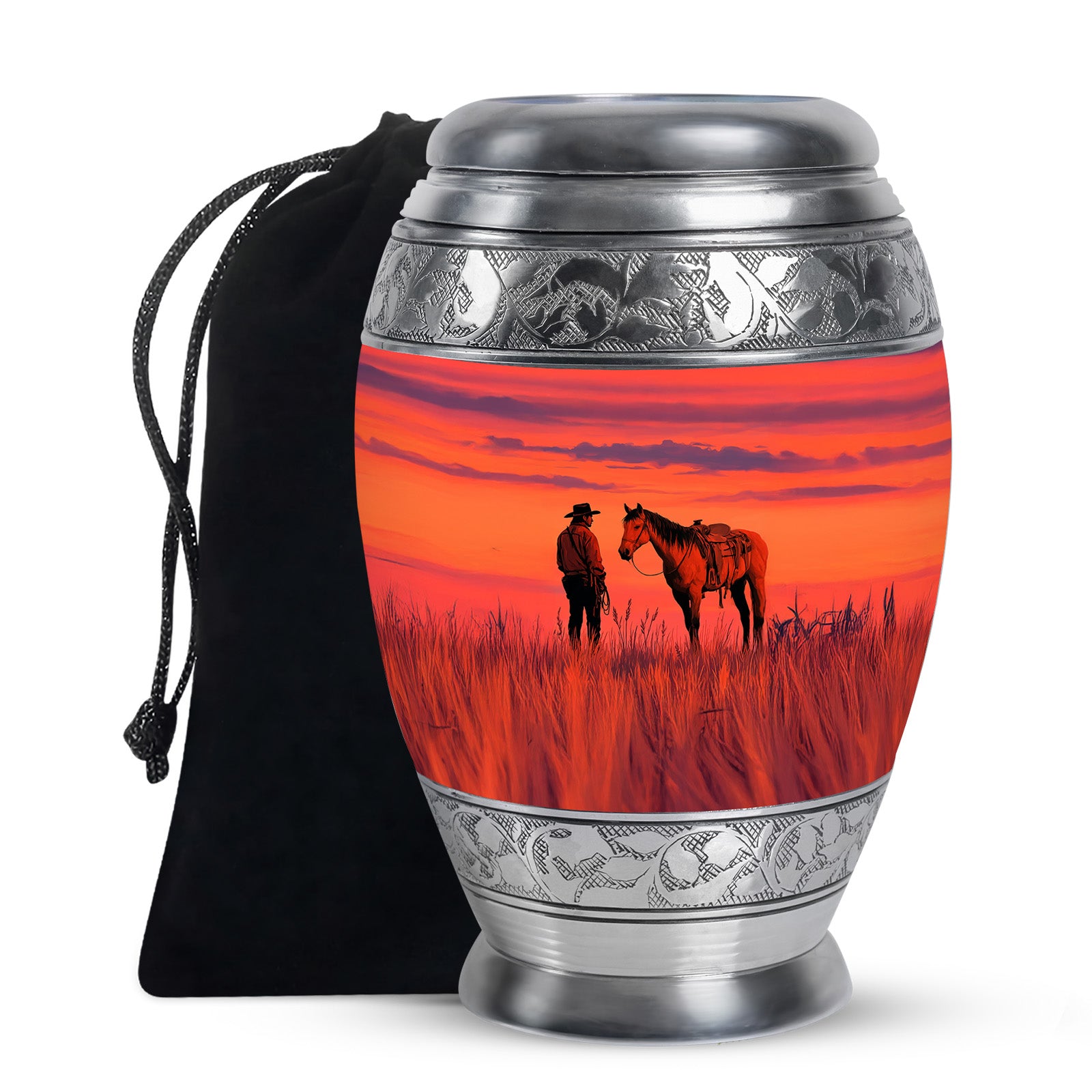 Cowboy Horse Field Memorial Urn - Sunset Cremation Urn For Dad Ashes
