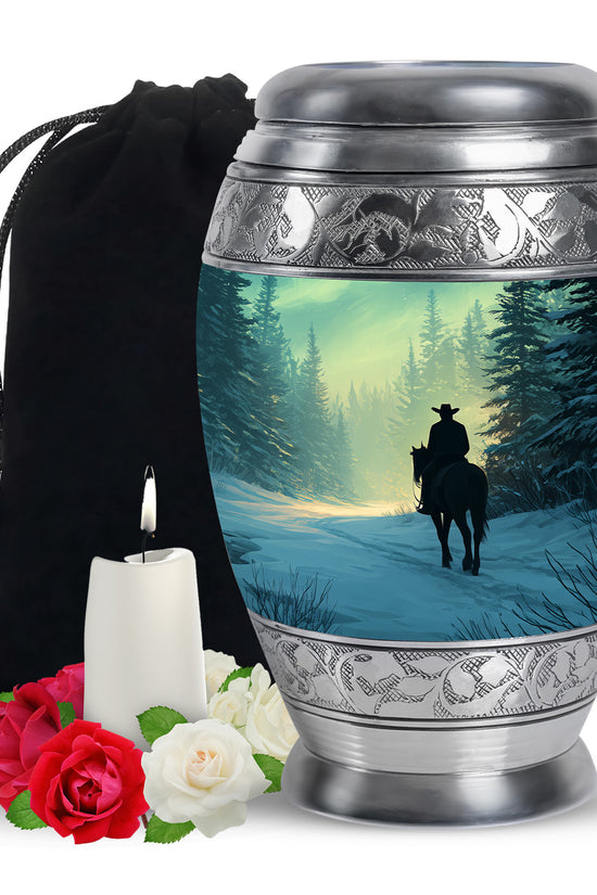 Cowboy in Snow Urn - Beautiful Sunrise Cremation Urns For Human Ashes
