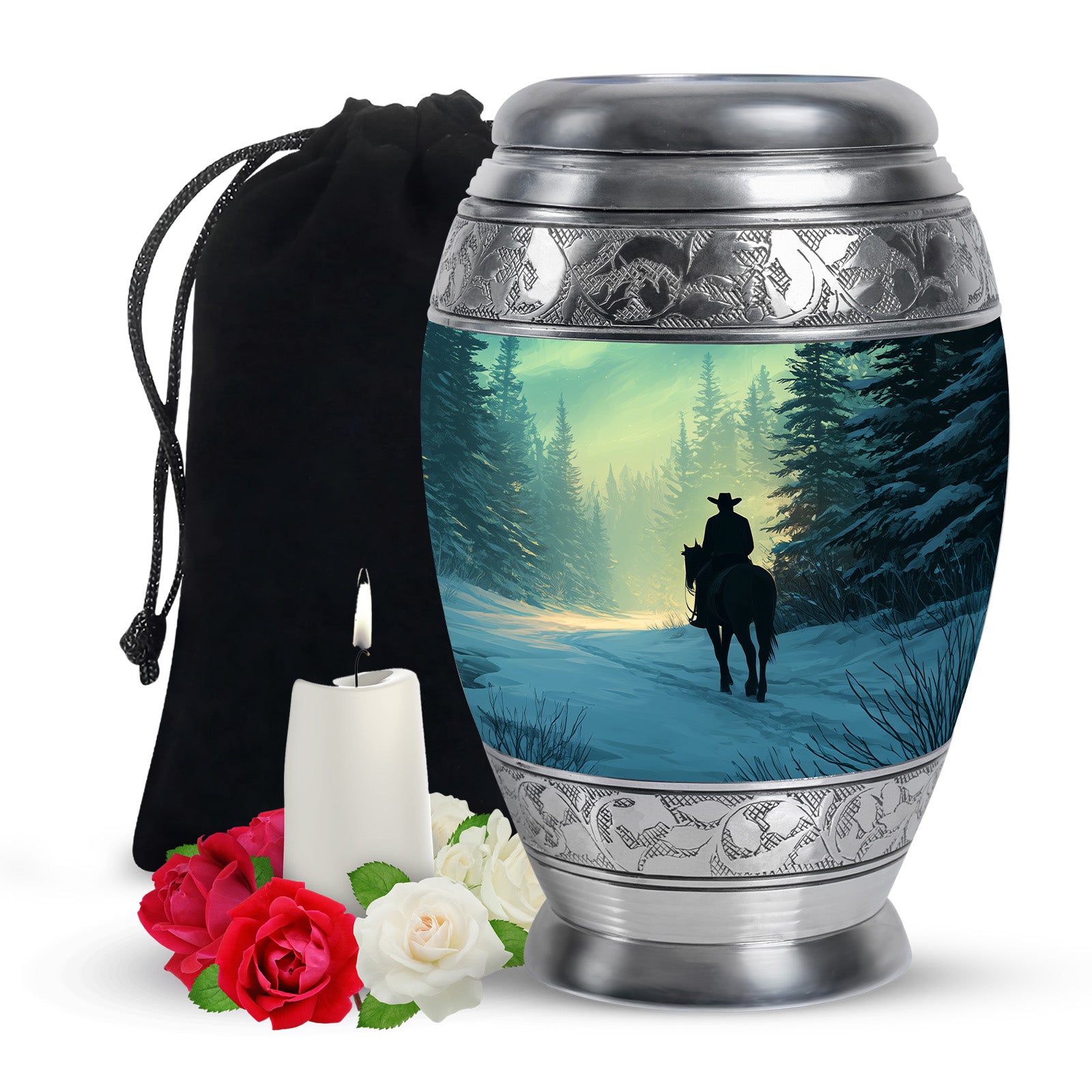 Cowboy in Snow Urn - Beautiful Sunrise Cremation Urns For Human Ashes