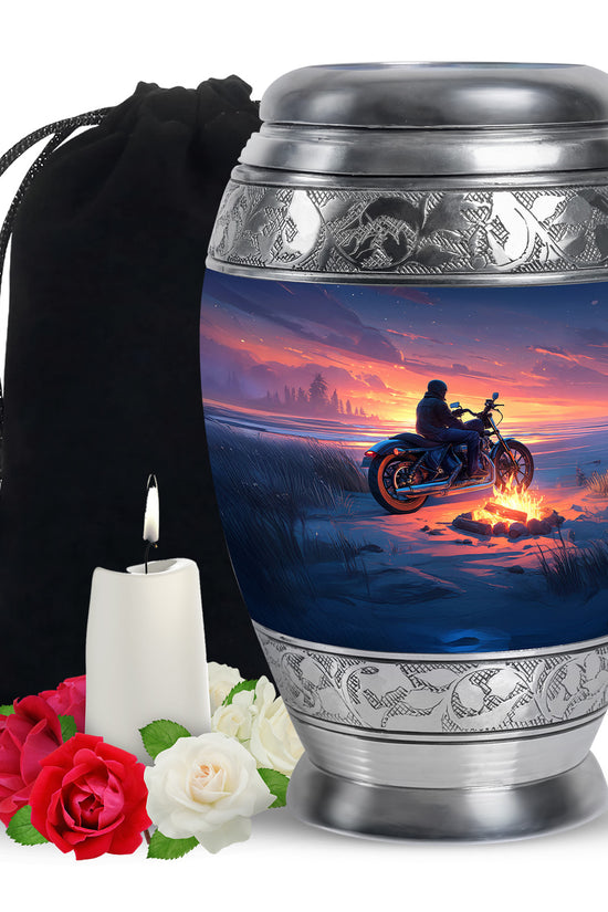 Sunset Motorcycle Rider Cremation Urn - Bonfire Funeral Urn For Loved Ones