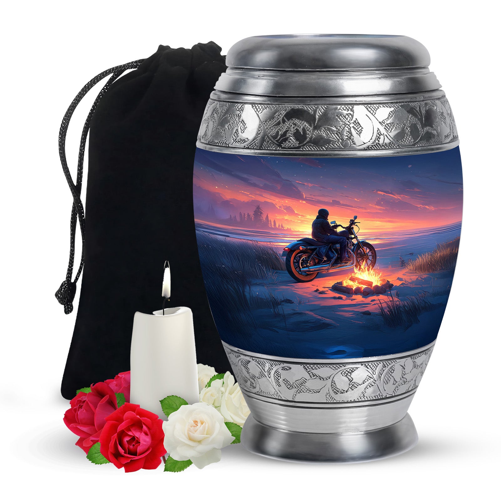 Sunset Motorcycle Rider Cremation Urn - Bonfire Funeral Urn For Loved Ones