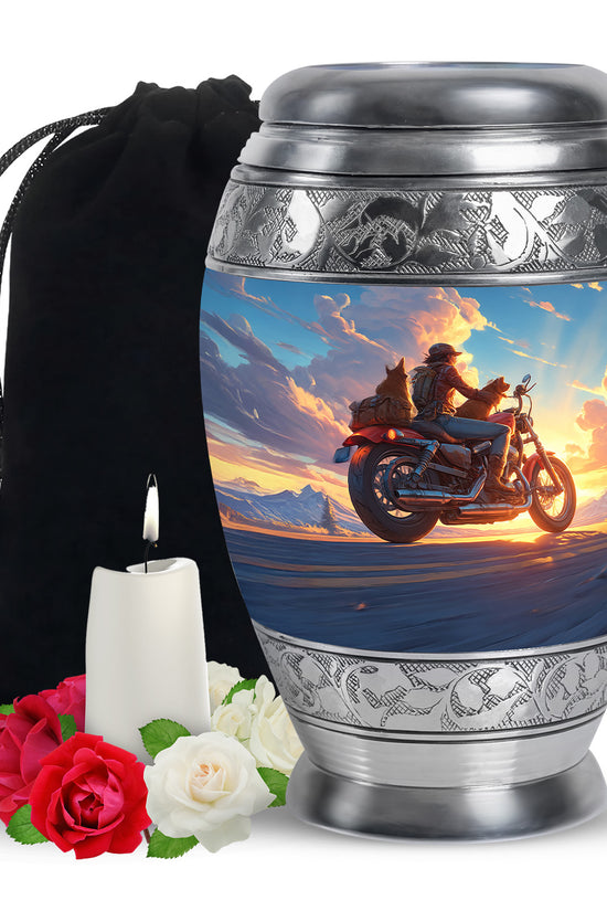Sunset Bike Ride Memorial Urn - Beautiful Mountain Funeral Urn For Men