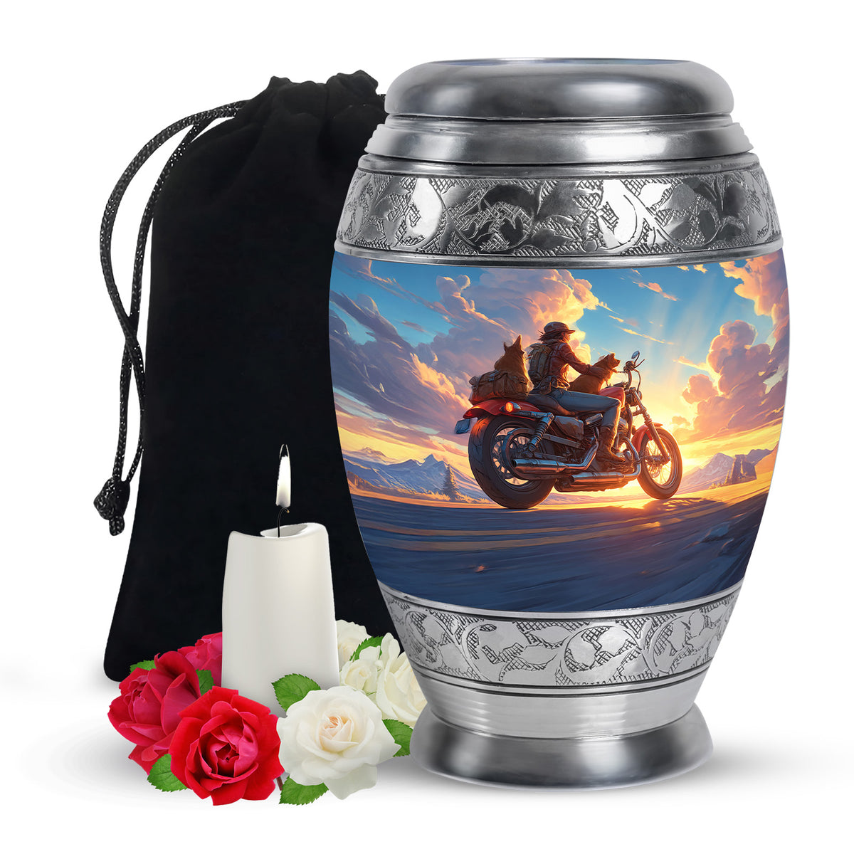 Sunset Bike Ride Memorial Urn - Beautiful Mountain Funeral Urn For Men