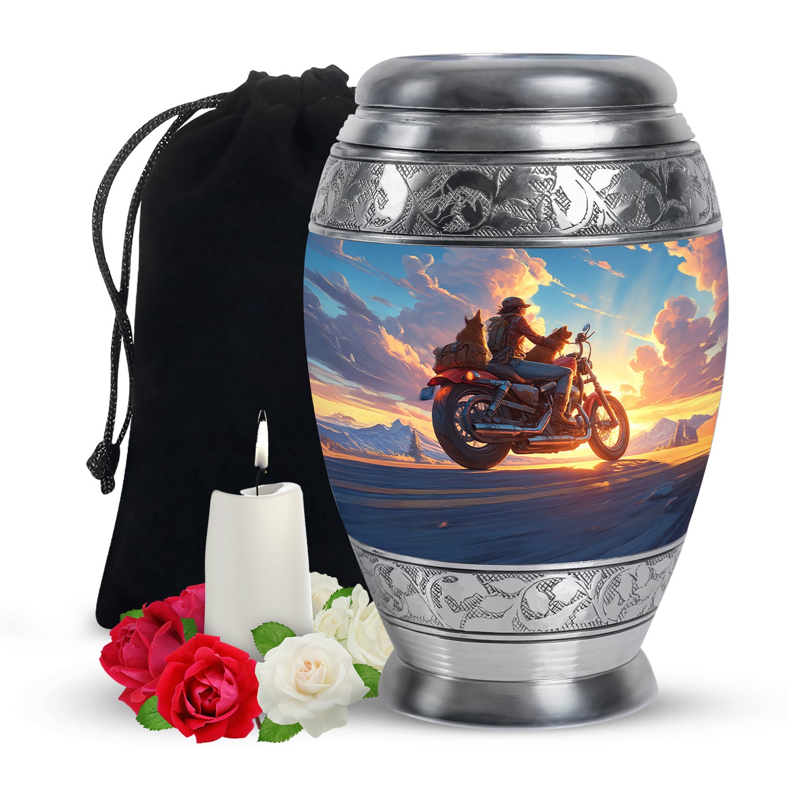 Sunset Bike Ride Memorial Urn - Beautiful Mountain Funeral Urn For Men