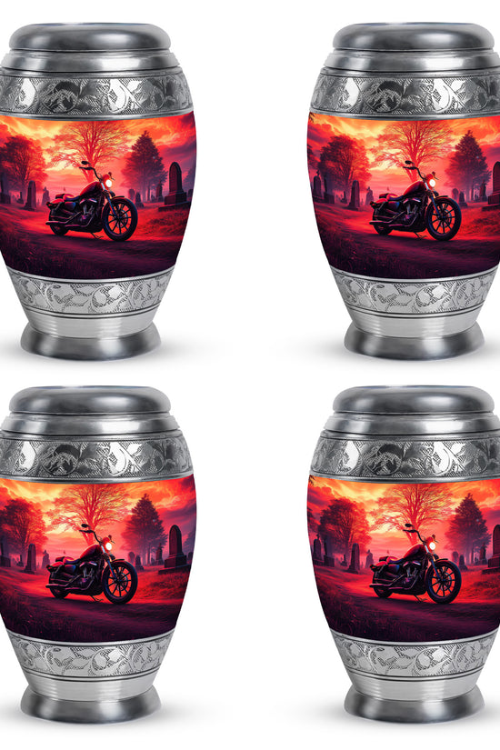 Deep Red Bike Cremation Urn urn with complimentary velvet bag - regal bike design with crown-inspired accents - 10 inch aluminum urn for cremated remains