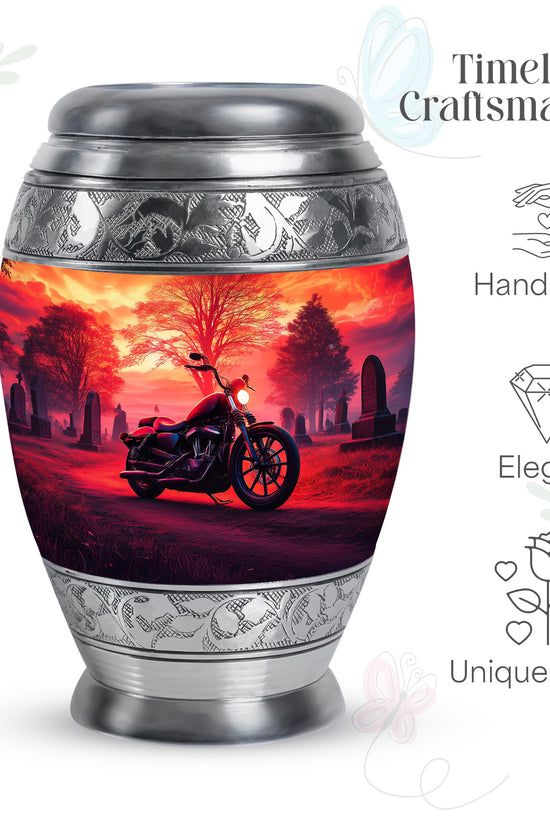 Deep Red Bike Cremation Urn lifestyle display on memorial shelf - ornate monarch-style bike relief on brushed aluminum - mini keepsake memorial for portion of cremation ashes