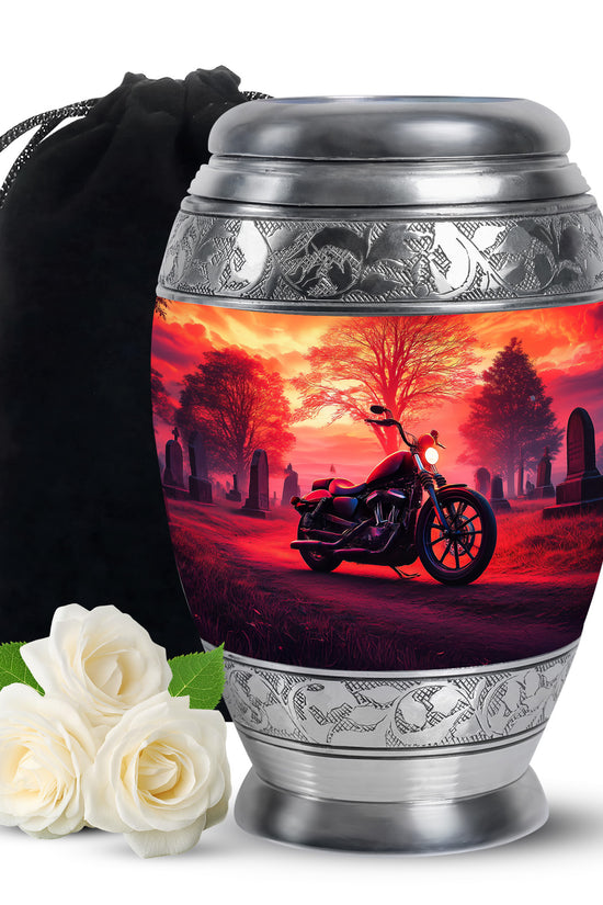 Rich Red Bike Cremation Urn back view with polished surface - royal bike engraving with decorative scrollwork - full-size 10 inch 200 cubic inch adult cremation urn