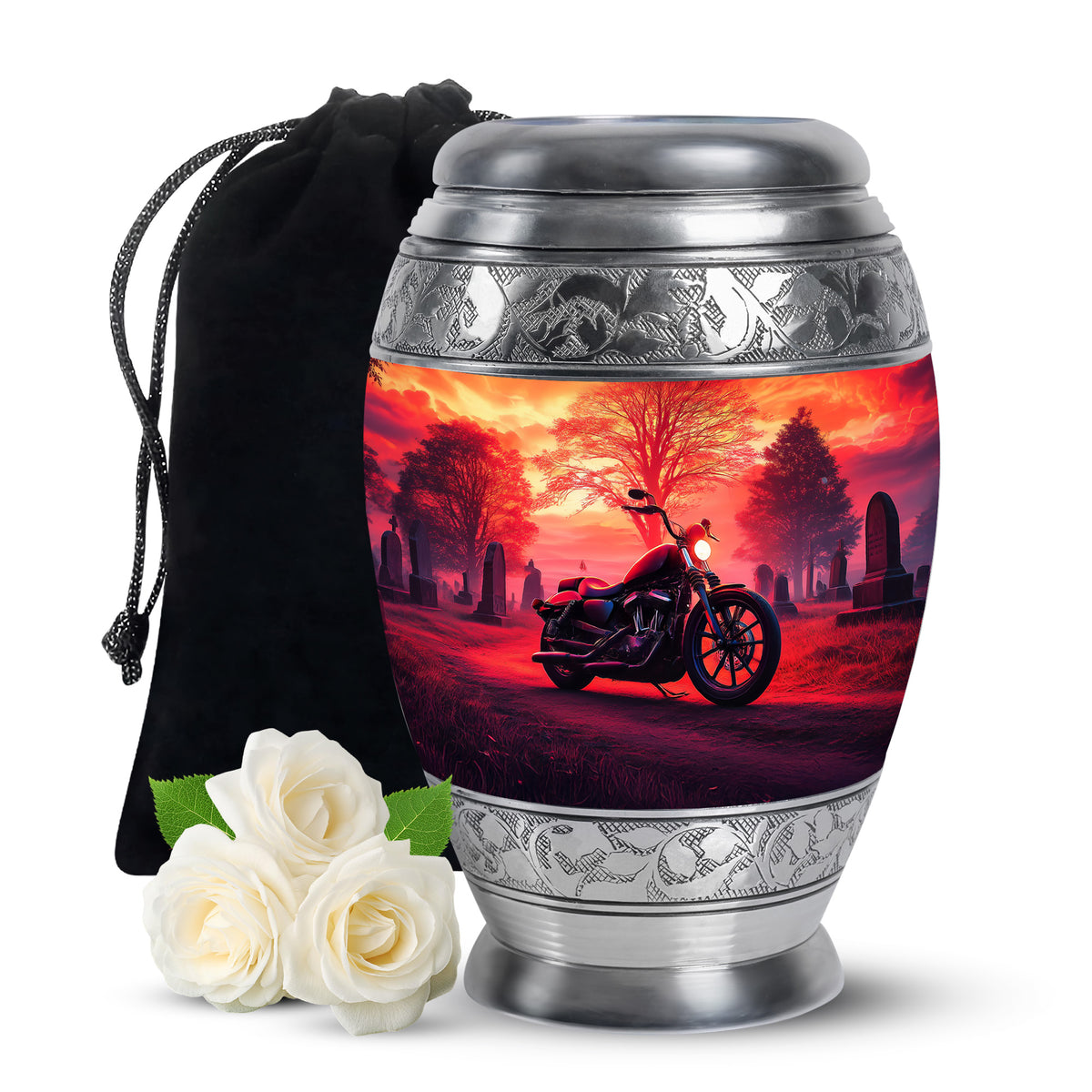 Rich Red Bike Cremation Urn back view with polished surface - royal bike engraving with decorative scrollwork - full-size 10 inch 200 cubic inch adult cremation urn