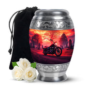 Rich Red Bike Cremation Urn back view with polished surface - royal bike engraving with decorative scrollwork - full-size 10 inch 200 cubic inch adult cremation urn