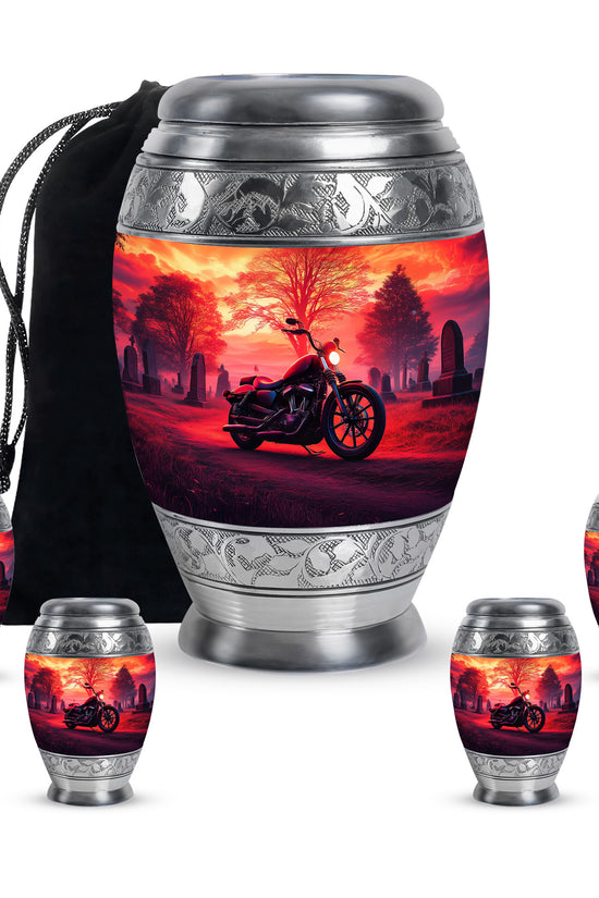 Cherry Red Bike Cremation Urn detail view - royal bike engraving with decorative scrollwork - memorial set with one large and four small urns