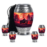 Cherry Red Bike Cremation Urn detail view - royal bike engraving with decorative scrollwork - memorial set with one large and four small urns