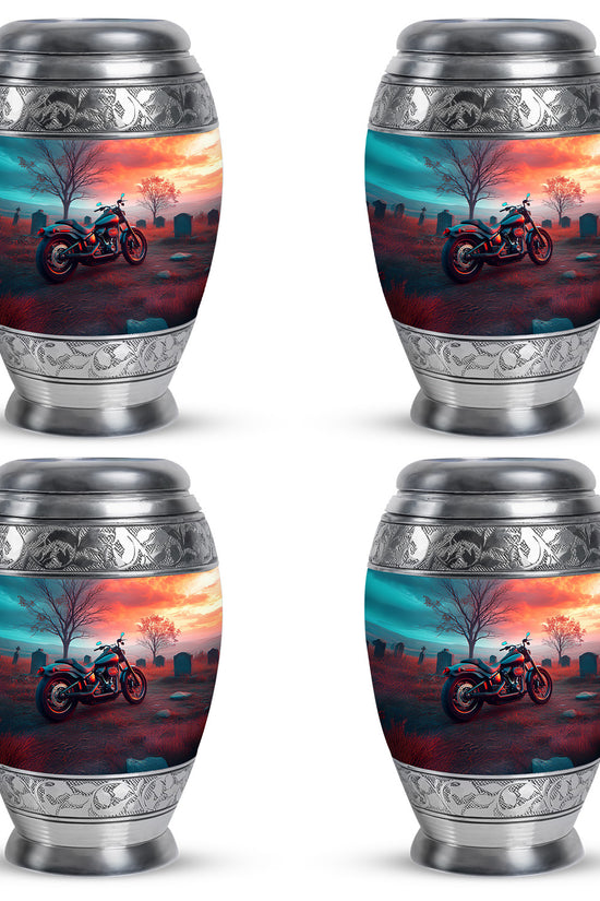 Vivid Teal Bike Cremation Urn urn with complimentary velvet bag - majestic bike pattern with filigree border - 10 inch aluminum urn for cremated remains