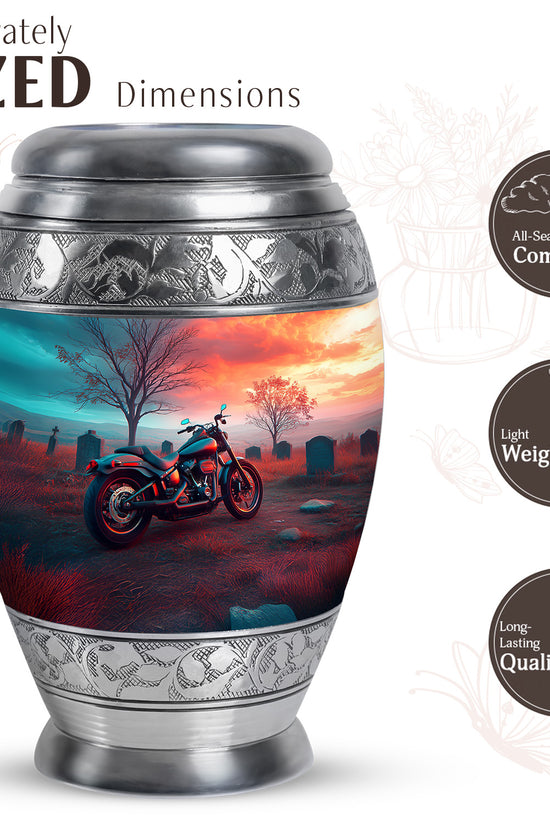 Ocean Teal Bike Cremation Urn lifestyle display on memorial shelf - ornate monarch-style bike relief on brushed aluminum - mini keepsake memorial for portion of cremation ashes