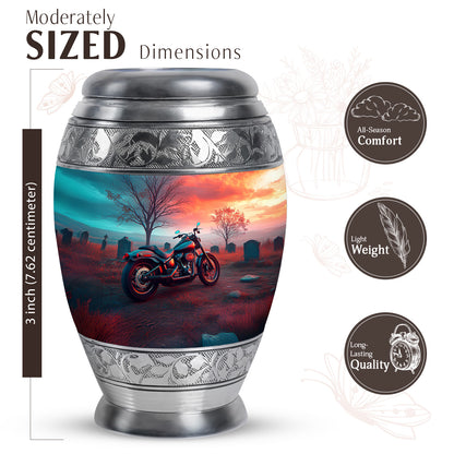 Ocean Teal Bike Cremation Urn lifestyle display on memorial shelf - ornate monarch-style bike relief on brushed aluminum - mini keepsake memorial for portion of cremation ashes