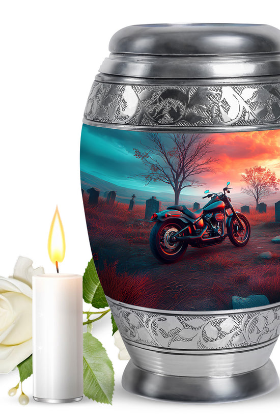 Ocean Teal Bike Cremation Urn back view with polished surface - ornate monarch-style bike relief on brushed aluminum - full-size 10 inch 200 cubic inch adult cremation urn