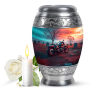 Ocean Teal Bike Cremation Urn back view with polished surface - ornate monarch-style bike relief on brushed aluminum - full-size 10 inch 200 cubic inch adult cremation urn