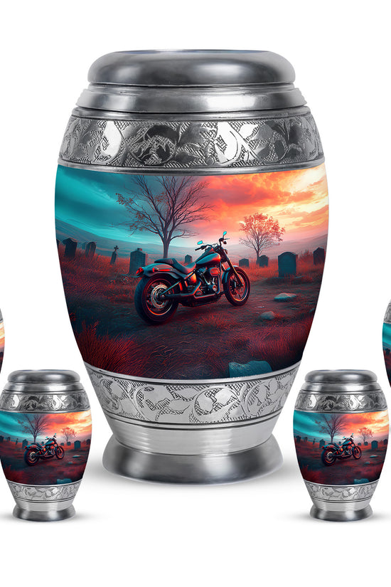 Sea Green Teal Bike Cremation Urn detail view - regal bike design with crown-inspired accents - memorial set with one large and four small urns