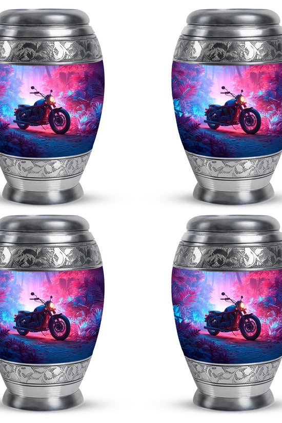 Vivid Blue Bike Cremation Urn urn with complimentary velvet bag - royal bike engraving with decorative scrollwork - 10 inch aluminum urn for cremated remains
