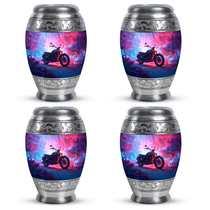 Vivid Blue Bike Cremation Urn urn with complimentary velvet bag - royal bike engraving with decorative scrollwork - 10 inch aluminum urn for cremated remains