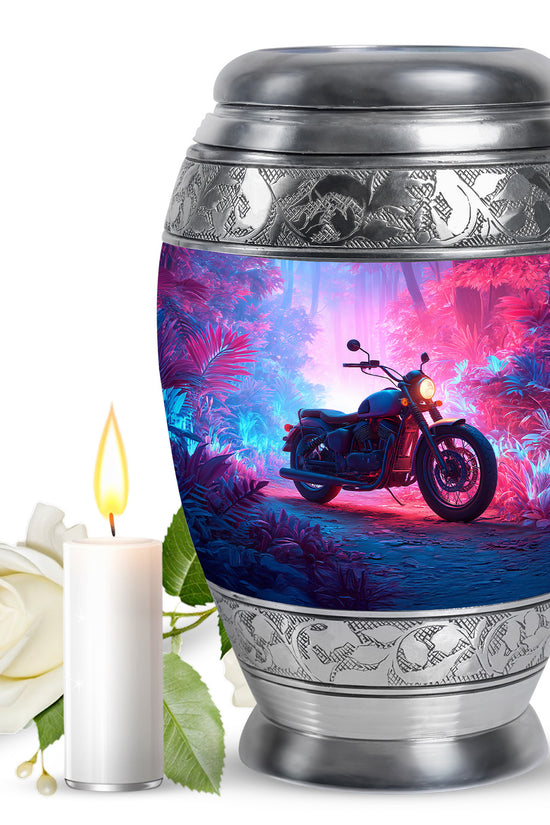 Steel Blue Bike Cremation Urn back view with polished surface - majestic bike pattern with filigree border - full-size 10 inch 200 cubic inch adult cremation urn