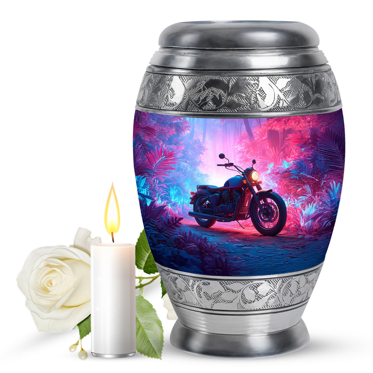 Steel Blue Bike Cremation Urn back view with polished surface - majestic bike pattern with filigree border - full-size 10 inch 200 cubic inch adult cremation urn