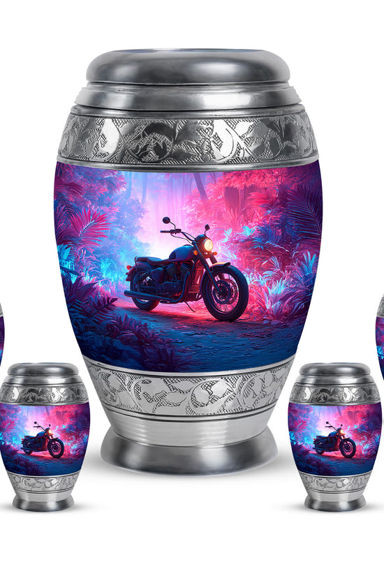 Royal Blue Bike Cremation Urn detail view - royal bike engraving with decorative scrollwork - memorial set with one large and four small urns