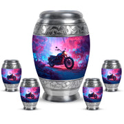 Royal Blue Bike Cremation Urn detail view - royal bike engraving with decorative scrollwork - memorial set with one large and four small urns