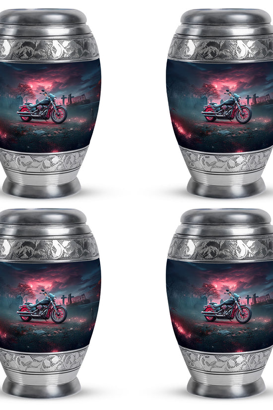 Misty Blue Bike Cremation Urn urn with complimentary velvet bag - regal bike design with crown-inspired accents - 10 inch aluminum urn for cremated remains