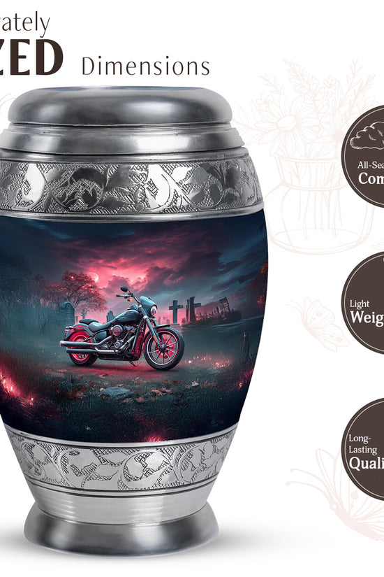 Dusty Blue Bike Cremation Urn lifestyle display on memorial shelf - regal bike design with crown-inspired accents - mini keepsake memorial for portion of cremation ashes