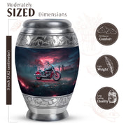 Dusty Blue Bike Cremation Urn lifestyle display on memorial shelf - regal bike design with crown-inspired accents - mini keepsake memorial for portion of cremation ashes