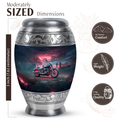 Dusty Blue Bike Cremation Urn lifestyle display on memorial shelf - regal bike design with crown-inspired accents - mini keepsake memorial for portion of cremation ashes