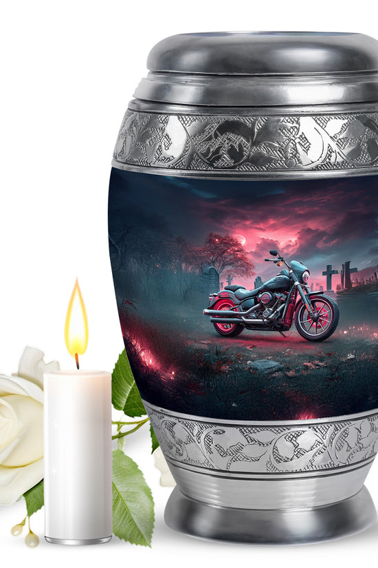 Azure Bike Cremation Urn back view with polished surface - ornate monarch-style bike relief on brushed aluminum - full-size 10 inch 200 cubic inch adult cremation urn