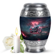 Azure Bike Cremation Urn back view with polished surface - ornate monarch-style bike relief on brushed aluminum - full-size 10 inch 200 cubic inch adult cremation urn