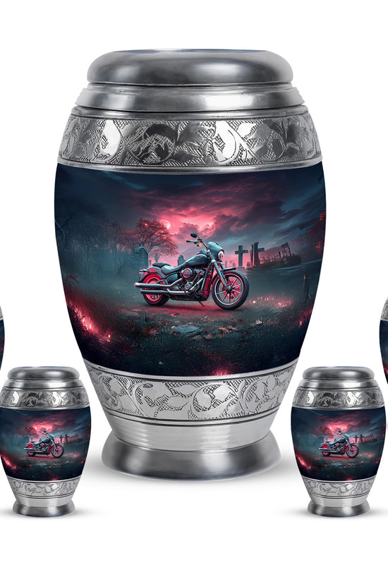 Sky Blue Bike Cremation Urn detail view - regal bike design with crown-inspired accents - memorial set with one large and four small urns