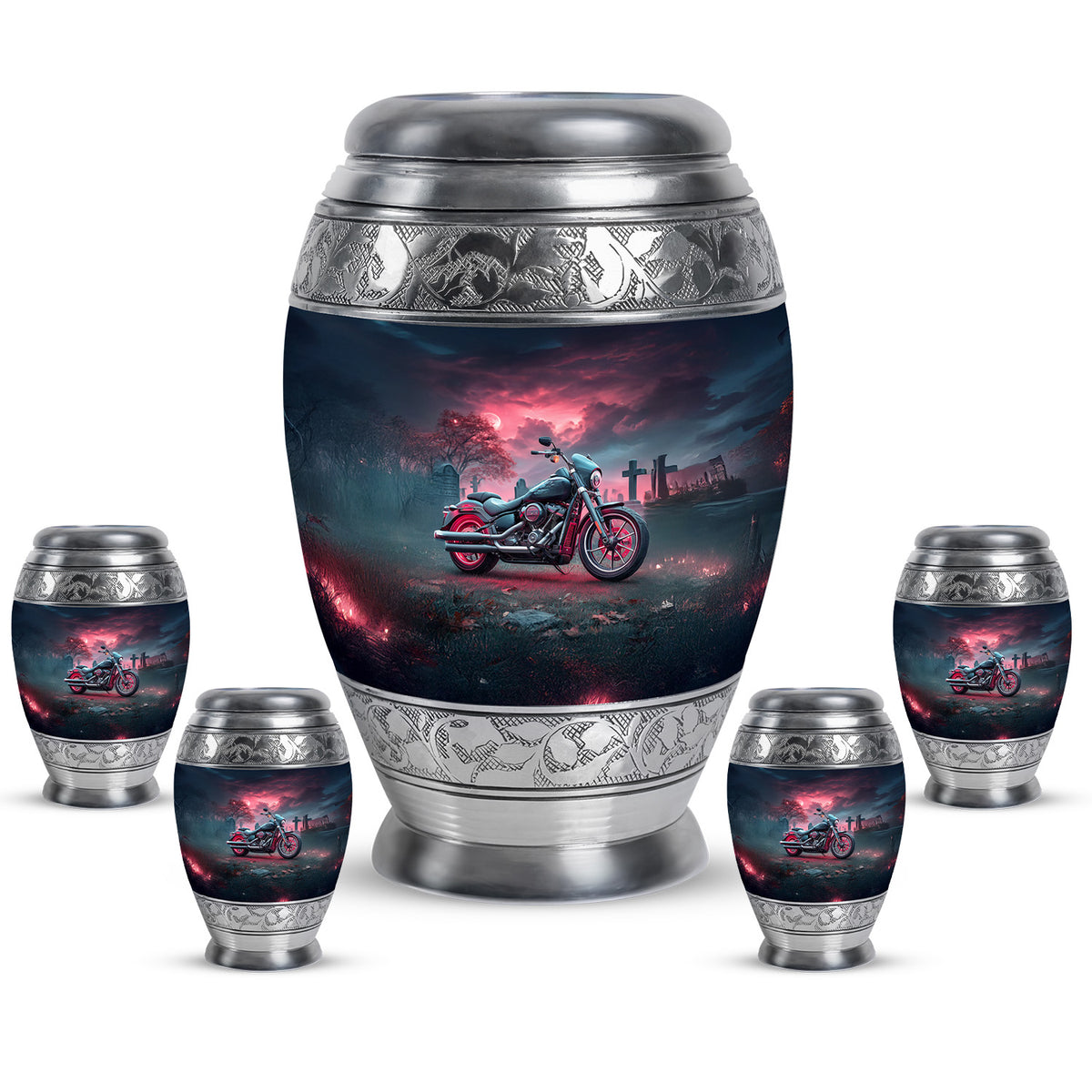 Sky Blue Bike Cremation Urn detail view - regal bike design with crown-inspired accents - memorial set with one large and four small urns