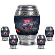 Sky Blue Bike Cremation Urn detail view - regal bike design with crown-inspired accents - memorial set with one large and four small urns