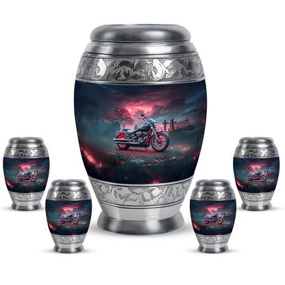 Sky Blue Bike Cremation Urn detail view - regal bike design with crown-inspired accents - memorial set with one large and four small urns