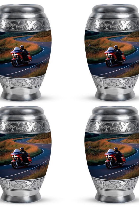 Icy Blue Bike Cremation Urn urn with complimentary velvet bag - regal bike design with crown-inspired accents - 10 inch aluminum urn for cremated remains