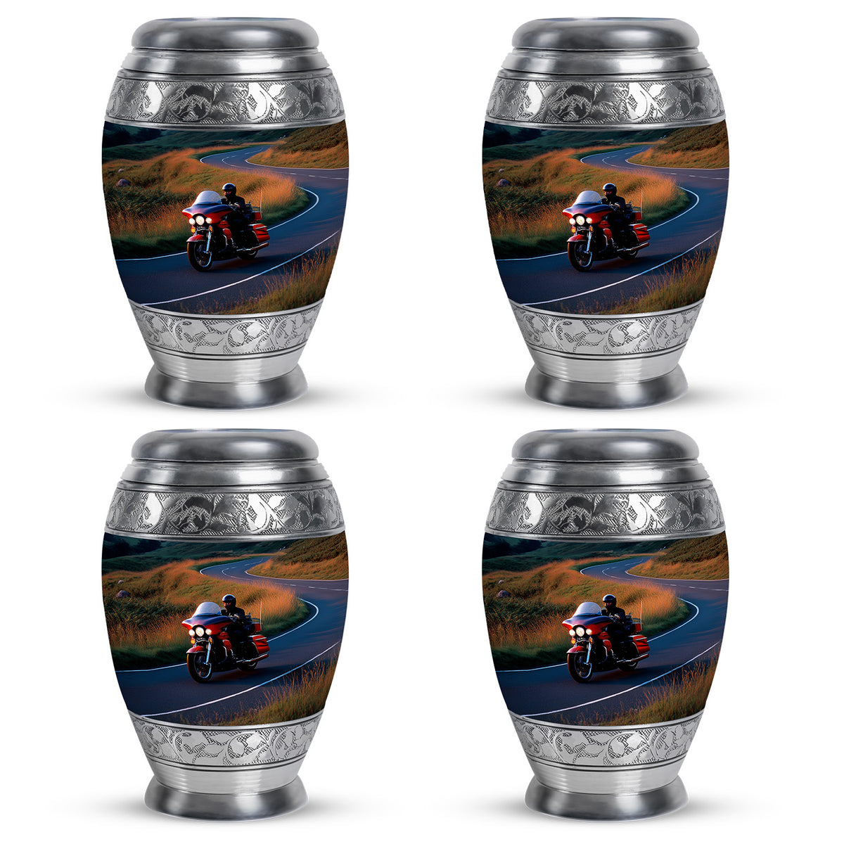 Icy Blue Bike Cremation Urn urn with complimentary velvet bag - regal bike design with crown-inspired accents - 10 inch aluminum urn for cremated remains