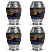 Icy Blue Bike Cremation Urn urn with complimentary velvet bag - regal bike design with crown-inspired accents - 10 inch aluminum urn for cremated remains